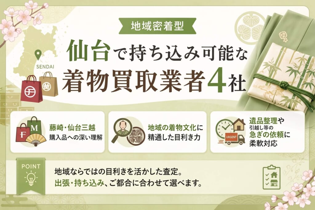 【地域密着】仙台で持ち込み可能な着物買取業者4社についてまとめた画像